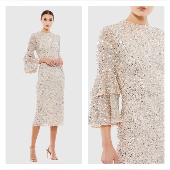 Mac Duggal 10802 NWT Fully Sequined Ruffle Tiered 3/4 Sleeve Midi Dress - Picture 1 of 9